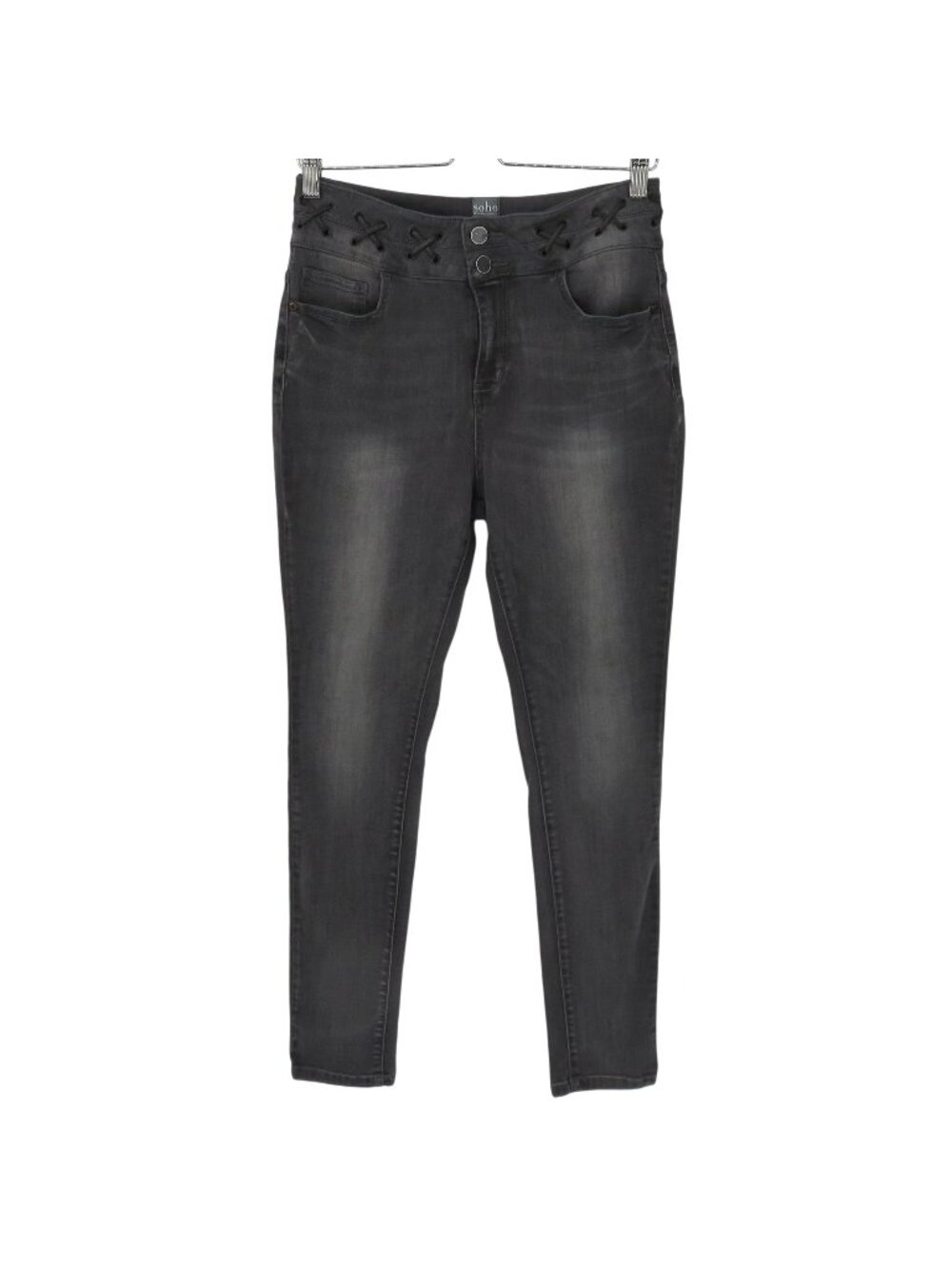 New York & Company SOHO Women 8 Washed Black Gray Lace Waist Skinny Jeans Cotton